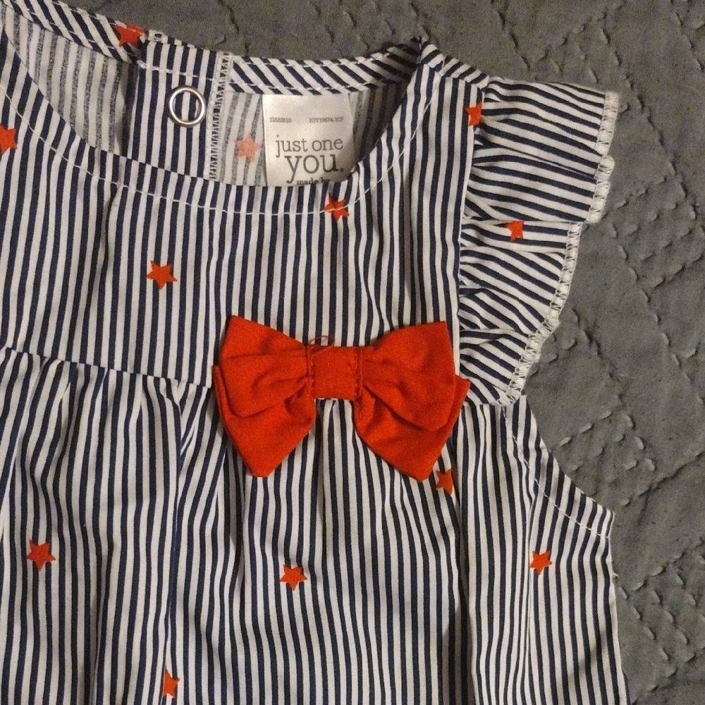 Striped Baby Dress with Red Bow And Bummies - Picture 3 of 9